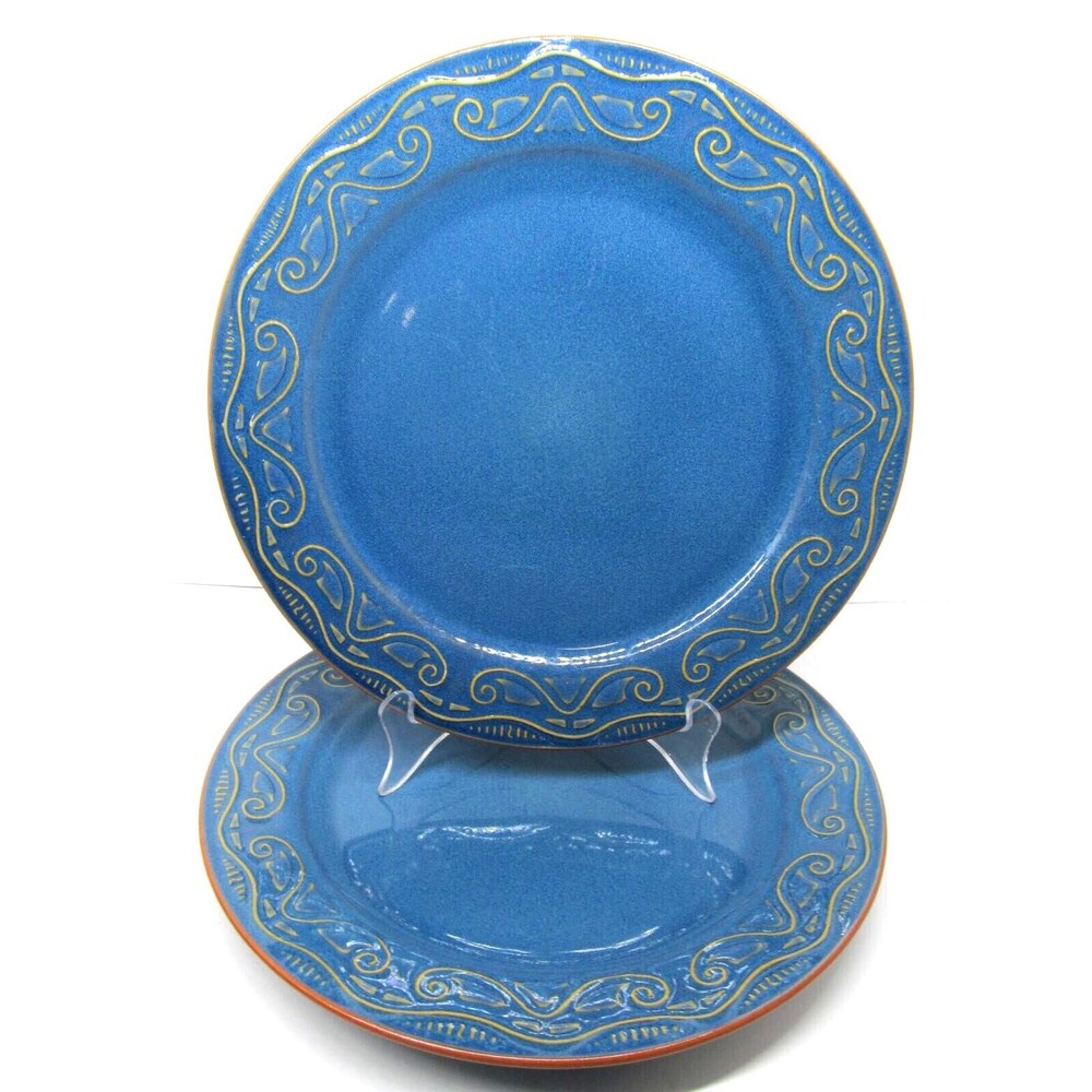Pier 1 Imports Tunisia Set Of 2 Tan Scrolls On Blue 10 3/4" Dinner Plates